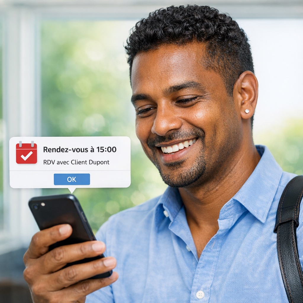 Professionnel réunionnais souriant regardant smartphone notification calendrier RDV